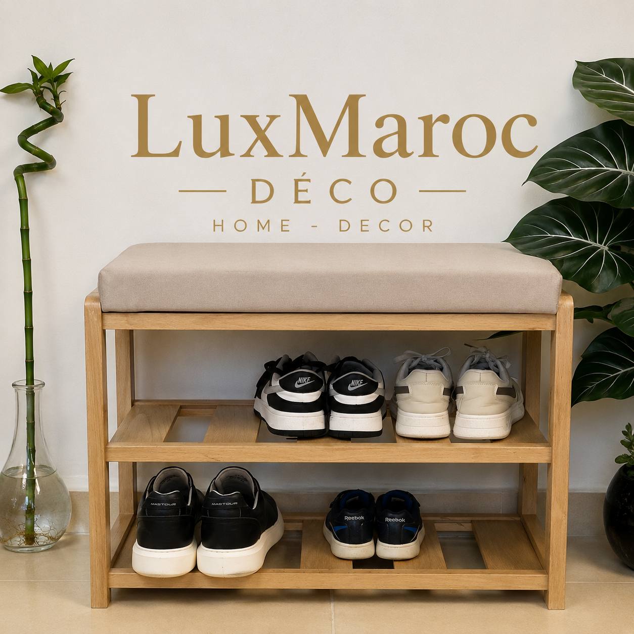 Banc à chaussures en bois avec coussin