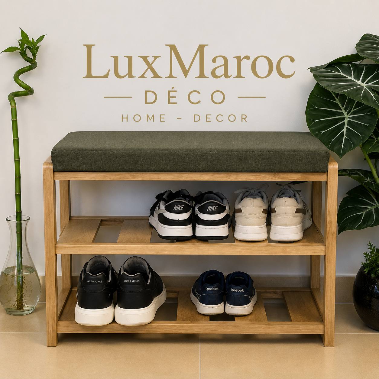 Banc à chaussures en bois avec coussin