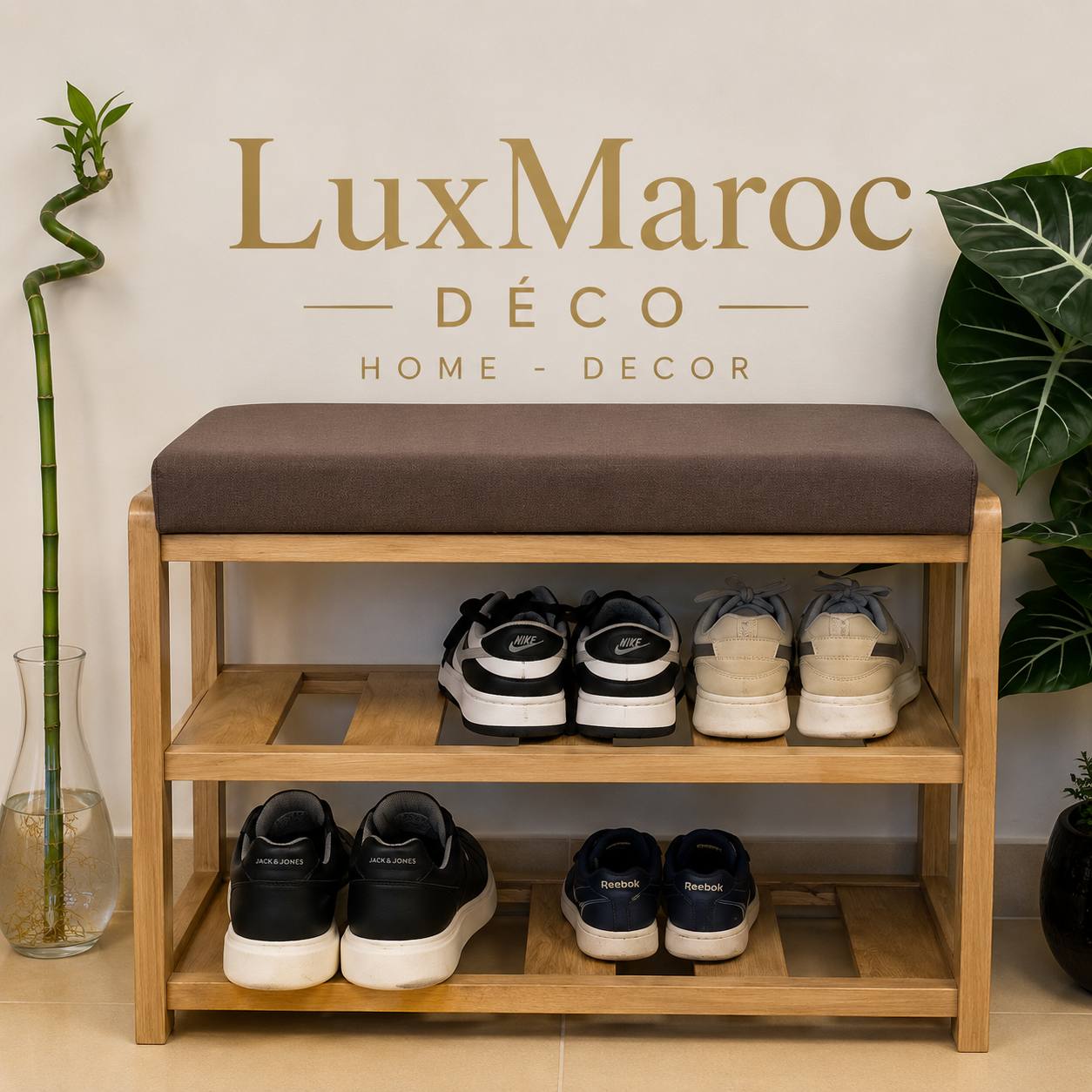 Banc à chaussures en bois avec coussin