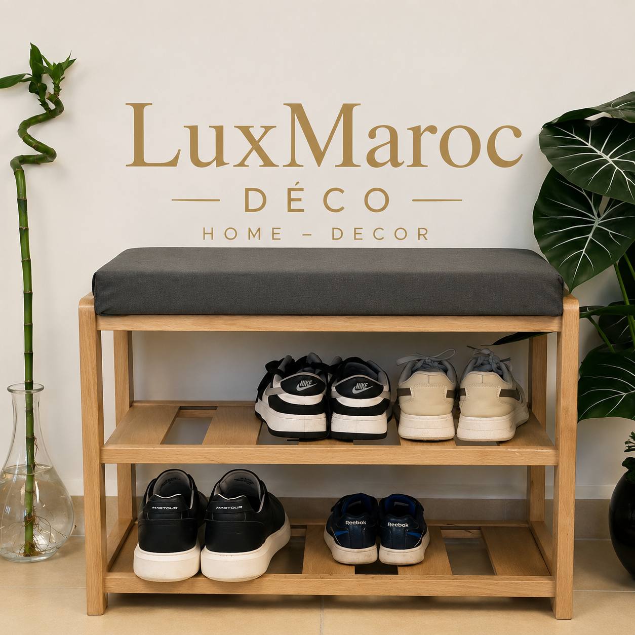 Banc à chaussures en bois avec coussin